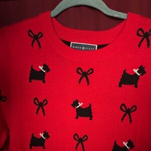 New Karen Scott Red Jersey with Black Scotty Dog and Sparkly Bow Design, Size L